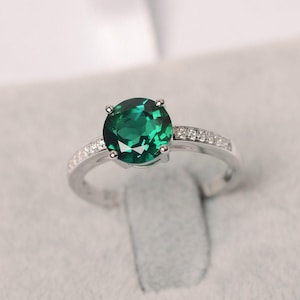 Emerald ring round cut green gemstone May birthstone ring white gold engagement ring for women