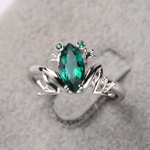 Green frog ring sterling silver May birthstone ring marquise cut emerald engagement ring image 1