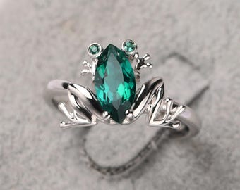 Green frog ring sterling silver May birthstone ring marquise cut emerald engagement ring