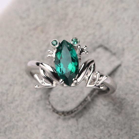 Green frog ring sterling silver May birthstone ring marquise cut emerald engagement ring