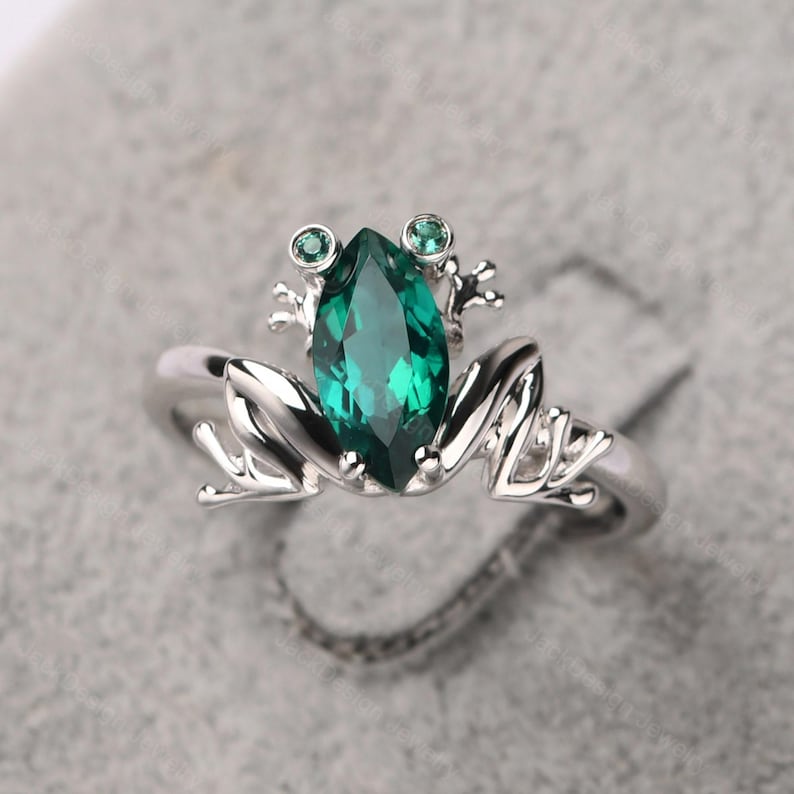 Green frog ring sterling silver May birthstone ring marquise cut emerald engagement ring image 1