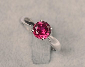Red ruby ring white gold solitaire anniversary ring July birthstone round cut ring