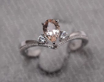 Morganite ring pear cut 3 stone ring white gold engagement ring for women