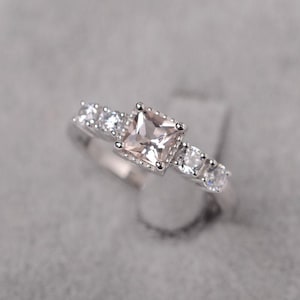 Morganite ring princess cut pink gemstone sterling silver wedding ring for women