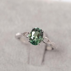 lab green sapphire ring silver engagement ring oval cut gemstone ring