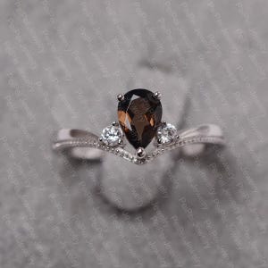 Smoky quartz ring sterling silver engagement ring for women pear cut 3 stone ring