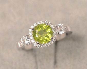 Peridot Engagement Ring, Round Cut Halo, August Birthstone