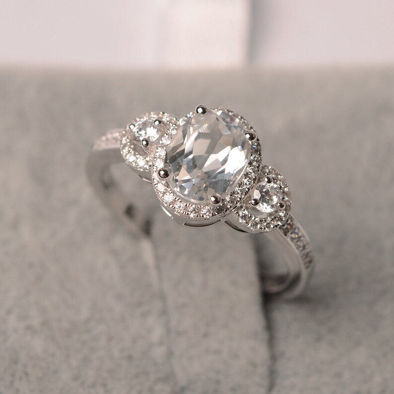 White Topaz Ring White Gold Oval Cut Ring Halo Engagement Ring Etsy
