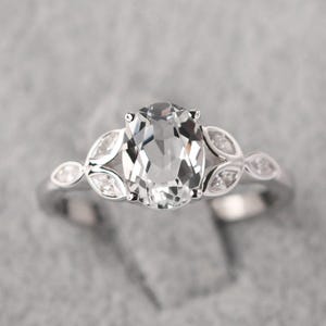 Oval shaped 1.47 carat white topaz promise ring silver simulated diamond leaf ring November birthstone