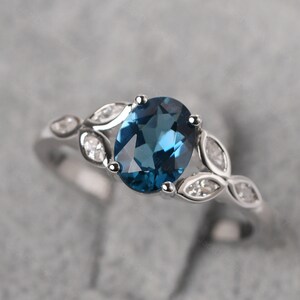 Genuine London blue topaz proposal ring split shank leaf wedding ring November birthstone