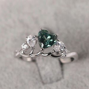 Unique Green Sapphire Ring Sterling Silver 5 Stone Heart Shaped Cluster Statement Ring for Women