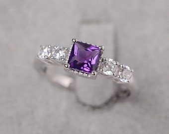 Amethyst ring princess cut February birthstone sterling silver engagement ring for women
