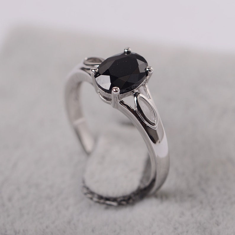 black spinel ring oval cut black stone sterling silver single ring for women