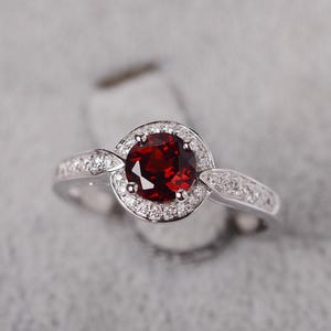 Red garnet ring round cut January birthstone white gold halo engagement ring for women