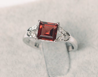 Red garnet ring sterling silver wedding ring for women square cut January birthstone ring