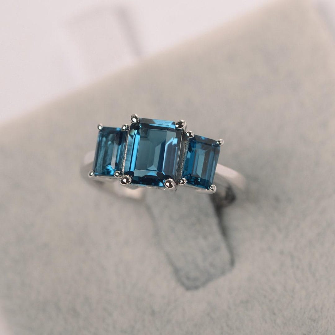 London Blue Topaz Engagement Ring Silver 3 Stone Ring Emerald Cut Blue ...