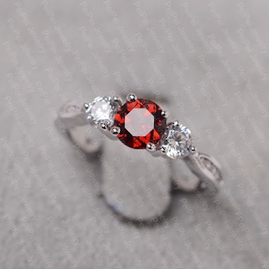 Garnet ring white gold engagement ring for women round cut red gemstone January birthstone ring