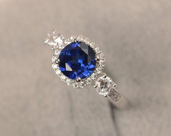 Lab sapphire ring round blue gemstone sterling silver engagement ring September birthstone