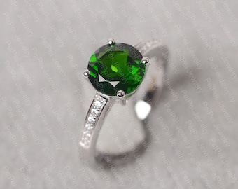 Diopside ring sterling silver engagement ring round cut green gemstone ring