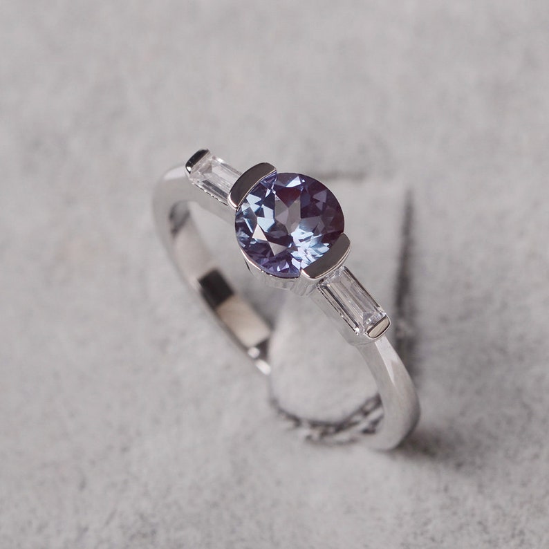 Alexandrite ring sterling silver round cut gemstone ring engagement ring