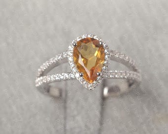 Real citrine promise ring solid sterling silver pear cut split band vintage ring November birthstone