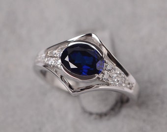 Lab sapphire ring oval cut September birthstone ring white gold engagement ring for women