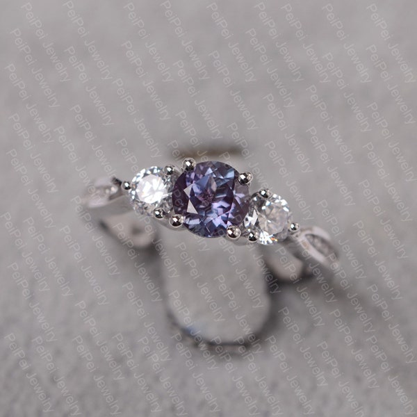 Anneau alexandrite rond coupé juin couleur pierre de naissance changling bague de fiançailles en argent sterling bague de fiançailles pour les femmes