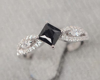 black spinel ring for women princess cut black stone ring white gold engagement ring