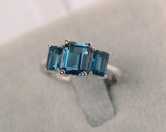 London blue topaz engagement ring silver 3 stone ring emerald cut blue gemstone ring