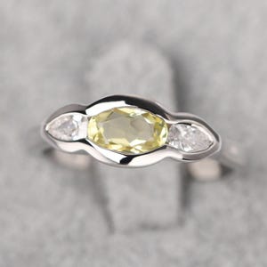 Lemon Quartz Statement Ring Solid Silver Oval Cut Yellow Stone Three Stone Ring