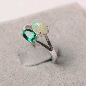 Opal Ring Dual Birthstone Ring Opal & Emerald Ring for Women