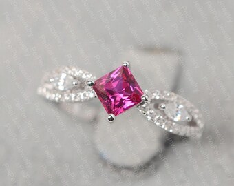 red ruby ring July birthstone princess cut gemstone ring sterling silver engagement ring for women