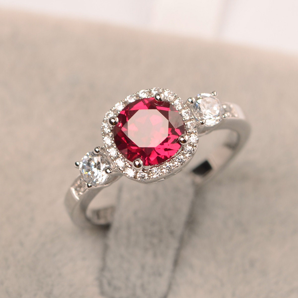 Circle Rings Ruby Ruby ring sterling silver round cut halo engagement ring July | Etsy