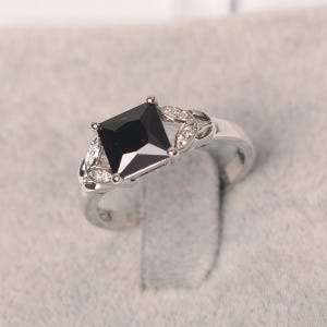 Princess cut black spinel ring sterling silver anniversary ring for women