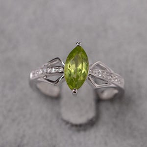 Green peridot ring marquise cut August birthstone ring white gold engagement ring for women