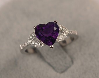 Purple amethyst ring hear cut February birthstone ring sterling silver engagement ring for women