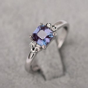 Vintage Alexandrite Promise Ring Silver Asscher Cut Color Changing June Birthstone Ring