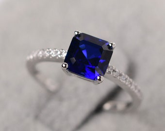 Vintage Blue Sapphire Engagement Ring Assher Cut Solid Sterling Silver September Birthstone Ring