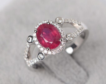 red ruby ring white gold engagement ring July birthstone ring anniversary ring halo ring
