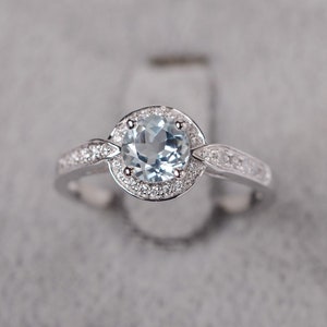 Aquamarine ring sterling silver engagement ring for women round cut March birthstone ring