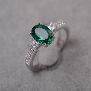 Lab emerald ring oval cut green stone ring May birthstone sterling silver engagement ring for women image 2