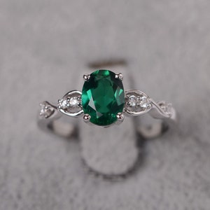 Emerald ring oval cut May birthstone ring sterling silver anniversary ring for women