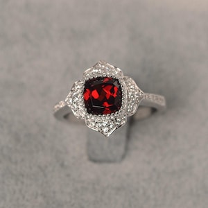 Red garnet ring cushion cut flower ring sterling silver anniversary ring January birthstone ring