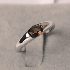 Smoky quartz ring silver engagement ring oval cut half bezel ring