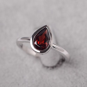Garnet ring sterling silver engagement ring for women pear cut January birthstone ring