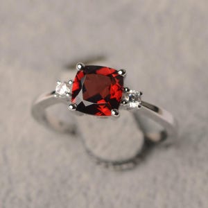 Garnet ring sterling silver cushion cut January birthstone ring for women