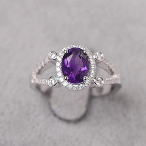 Amethyst ring oval cut purple gemstone February birthstone sterling silver engagement ring for women