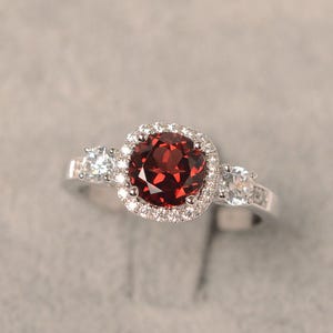 Natural garnet ring white gold round cut halo engagement ring for women