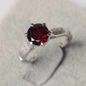 Garnet ring red gemstone round cut January birthstone sterling silver engagement ring for women