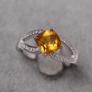 Yellow citrine ring cushion cut November Birthstone ring sterling silver engagement ring for women